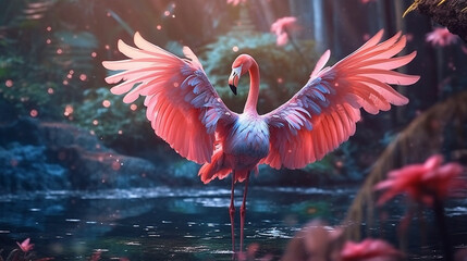 Pink flamingo beautiful in the  fantasy forest.Generative Ai.