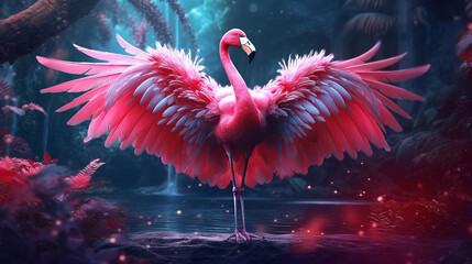 Pink flamingo beautiful in the  fantasy forest.Generative Ai.