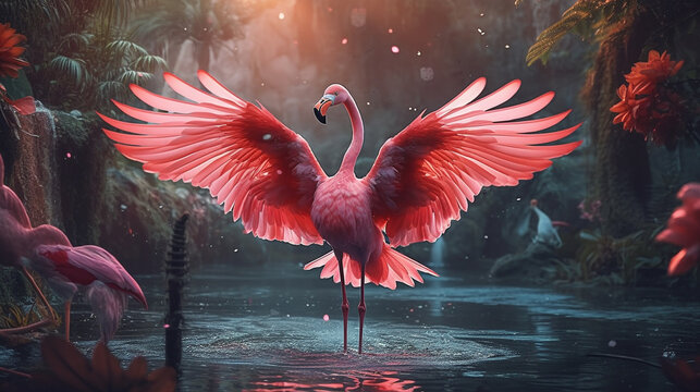 Pink flamingo beautiful in the  fantasy forest.Generative Ai.