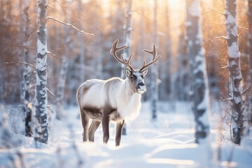 Naklejka na ściany i meble Reindeer standing in the snow winter background.Generative Ai.