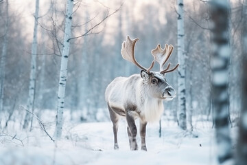 Reindeer standing in the snow winter background.Generative Ai.