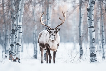 Naklejka na ściany i meble Reindeer standing in the snow winter background.Generative Ai.