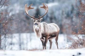 Reindeer standing in the snow winter background.Generative Ai.