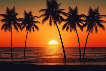 Naklejka na ściany i meble Sunrise hawaii with coconut tree.Generative Ai.