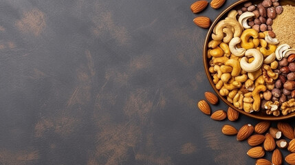 Nuts mix on wooden background.Generative Ai.