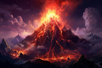 Beautiful landscape volcano eruption.Generative Ai.