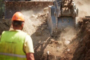 A worker wearing a helmet and reflective vest inspects the ongoing excavation work. Shovel of...