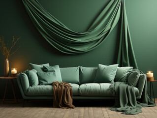 Home mockup with green sofa , Mockups Design 3D, High-quality Mockups, Generative Ai