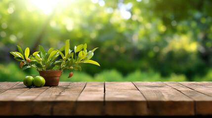 Fototapeta na wymiar wooden table on the garden background.Generative Ai.
