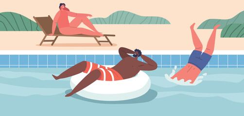 Characters Enjoy Swimming And Relaxing In Pool, Seeking Refreshment And Leisure. Water Offers Soothing Escape From Heat