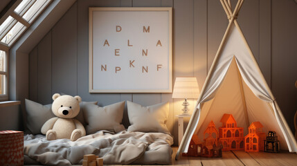 Mock up poster frame in children room, Mockups Design 3D, High-quality Mockups, Generative Ai