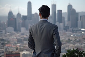 Fototapeta na wymiar Handsome Businessman in Suit with City Skyline Background. Success and Professional Concept