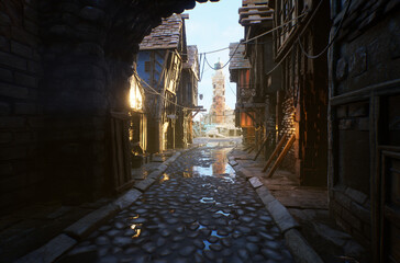 A 3d rendered fantasy illustration of medieval alley or a pirate city as a background