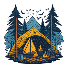 illustration of camp tent and bonfire at starry night
