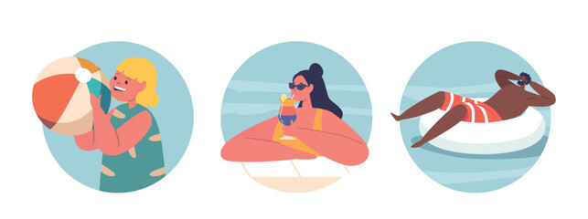 Isolated Round Icons Or Avatars With Man, Woman And Child Characters Swim And Rest In A Pool, Enjoying The Cool Water