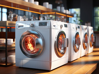 Mock-up in a laundry with rows of washing machines 3d , Mockups Design 3D, High-quality Mockups, Generative Ai