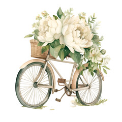 Fototapeta na wymiar Watercolor bicycle with white peonies illustration. Generative AI, png image.