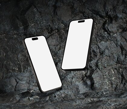 Mockup 2 smartphone with blank white screen On Rock. copy space for brand advertisement. 3D rendering Mockup Template.
