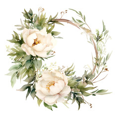 Watercolor wreath with white peonies illustration. Generative AI, png image.