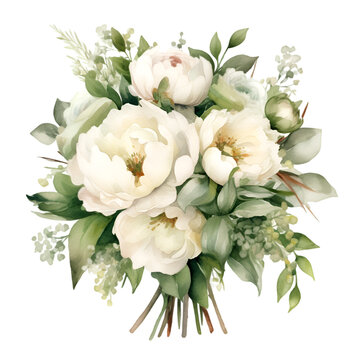 Watercolor bouquet with white peonies illustration. Generative AI, png image.