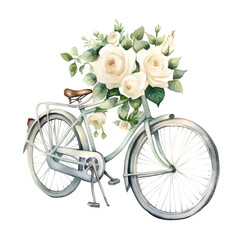 Fototapeta na wymiar Watercolor bicycle with white roses illustration of white peonies. Generative AI, png image.