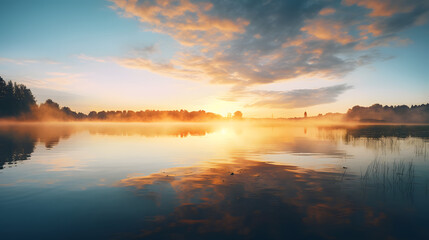 Obraz premium A tranquil lake surrounded by lush trees and fluffy clouds in the sky. A perfect spot to relax and take in the beauty of nature.