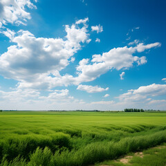 Fototapeta premium A lush field of green plants stretches out beneath a bright blue sky. Nature's beauty is on full display here, with the plants and sky creating a stunning contrast.