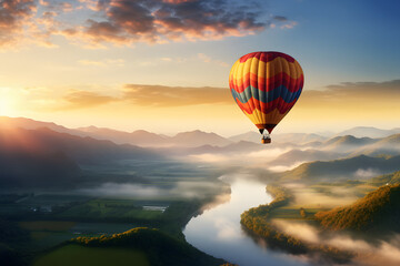 Fototapeta na wymiar A colorful hot air balloon soars over a winding river, providing a breathtaking view of nature's beauty. Enjoy the peacefulness of the moment and the serenity of the landscape.
