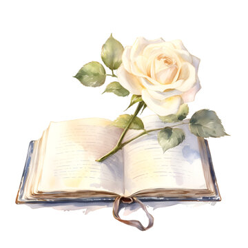 Watercolor white rose with a book illustration of white peonies. Generative AI, png image.