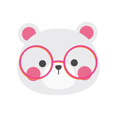 Cute cartoon face of a cute cat with glasses. White background with pink and yellow hearts. Graphic element for kids, greeting card, cover, poster and t-shirt. Vector illustration.