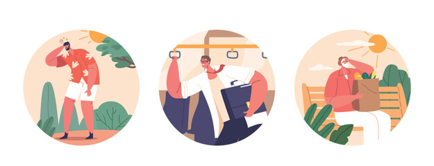 Isolated Round Icons with Heat-exposed Characters Endure Discomfort, Dehydration, Dizziness, Exhaustion