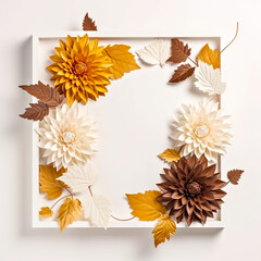 A picture of a white frame with flowers and leaves. Generative AI.