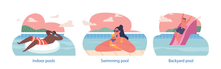 Isolated Elements with Characters Enjoy Swimming And Relaxing In Pool, Soaking Up The Sun, And Taking Refreshing Dips