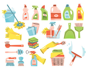 Set of cleaning supplies including detergent bottles, gloves, brushes, sponges and mop. Vector illustration of housework items. Cleaning tools concept. Elements are isolated on white background.