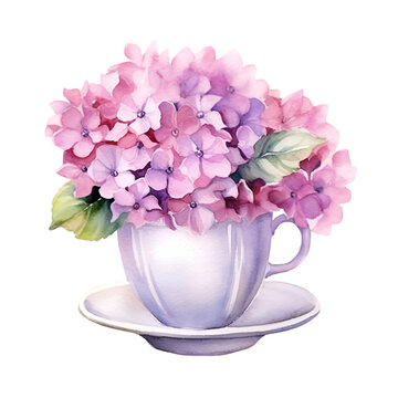 Watercolor cup with purple hydrangea illustration Generative AI, png image.