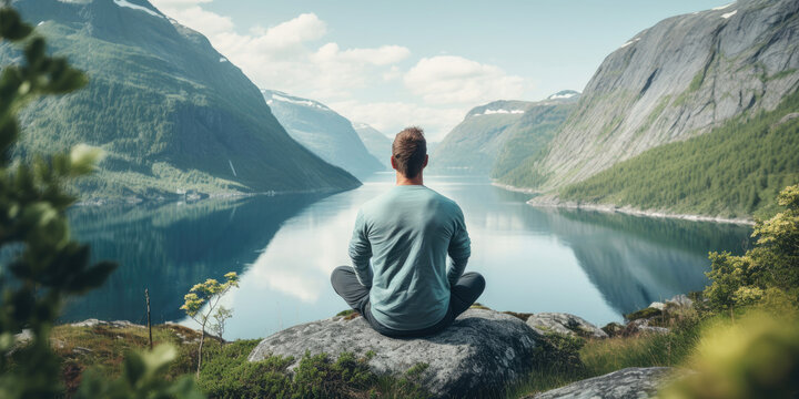 Back view of a man sitting in yoga pose in mountains, Generative AI