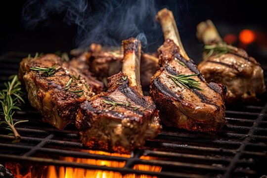 Lamb chops grilled on barbecue over the fire. Generative Ai image