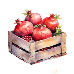 Illustration of pomegranate fruit in a watercolor basket. Generative AI, png image.