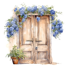 Watercolor wooden brown door with blue flowers illustration Generative AI, png image.