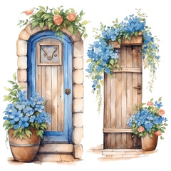 Fototapeta na wymiar Watercolor wooden brown door with blue flowers illustration Generative AI, png image.