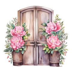 Watercolor wooden brown door with pink flowers illustration Generative AI, png image.