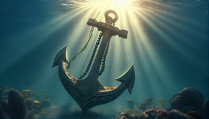 Anchor on the sea. Illustration of big iron anchor underwater view Ai generated image  - obrazy, fototapety, plakaty