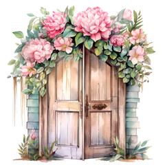 Fototapeta na wymiar Watercolor wooden brown door with pink flowers illustration Generative AI, png image.