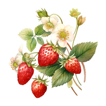 Watercolor strawberry bush illustration. Generative AI, png image.