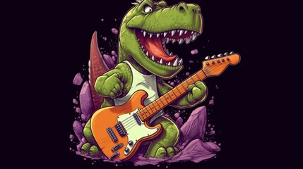 Illustration of a rocking dinosaur playing guitar.Generative AI
