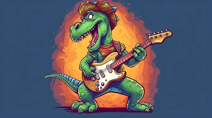 Illustration of a rocking dinosaur playing guitar.Generative AI