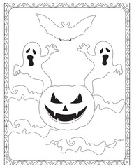 Halloween Coloring Pages for kids, Halloween Ghost Coloring pages for kids, Halloween illustration, Halloween Vector, Black and white 