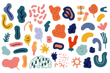 Colorful abstract doodle designs in various shapes and colors, hand drawn vector illustration