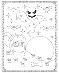 Halloween Coloring Pages for kids, Halloween Ghost Coloring pages for kids, Halloween illustration, Halloween Vector, Black and white 