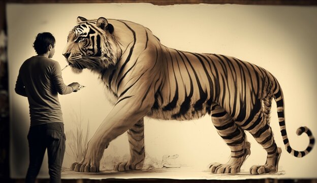 large striped tiger drawn ink sketch in full growth.Generative AI